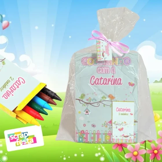Revista Colorir+embalagem+giz de Cera Festa Jardim Encantado