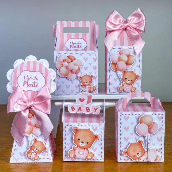 Kit Personalizado Ursinha Rosa 3d Chá de Bebê Arquivo Digital