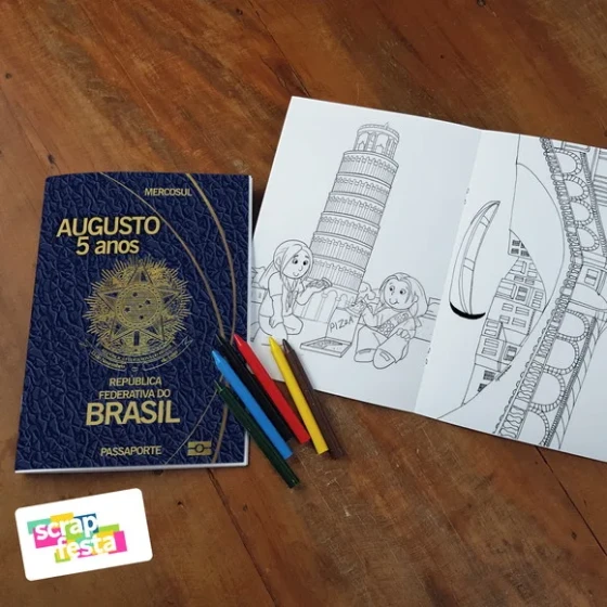 Revista Colorir + Giz de Cera Festa Passaporte Viagem
