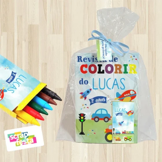 Revista Colorir+embalagem+giz Cera Festa Meios de Transporte