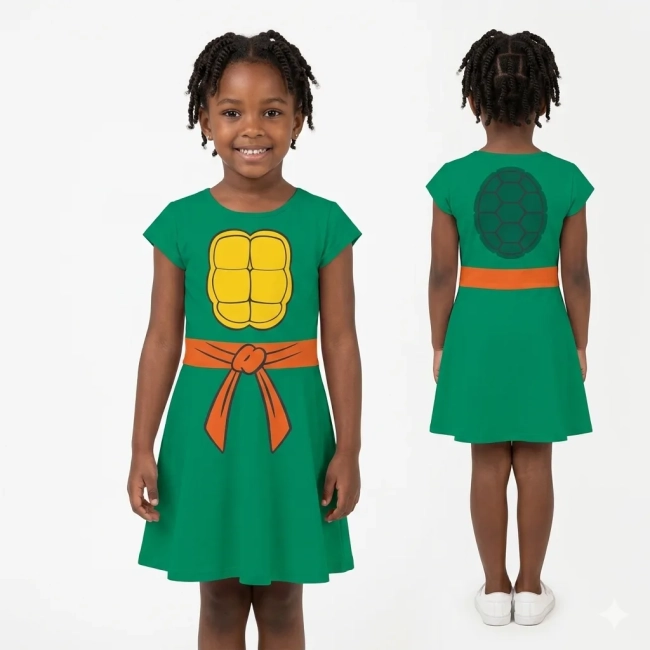 Vestido Infantil Fantasia Tartaruga Feminino Frente e Costas