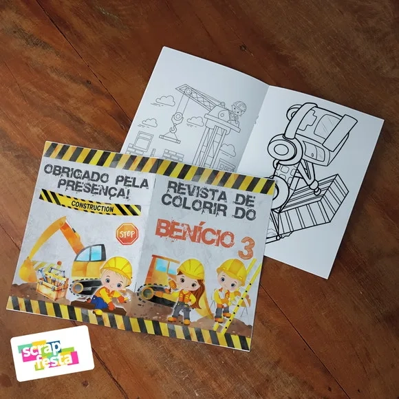 Revista Colorir + Giz Cera Festa Construção Aquarela Cute