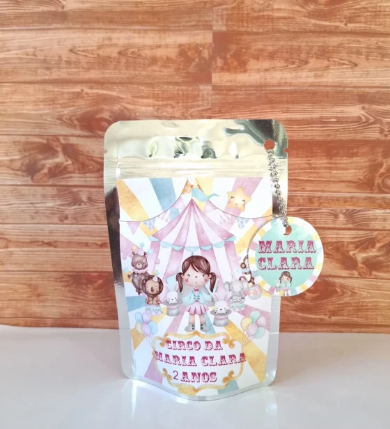 Saquinho Metalizado ziplock Circo Rosa lembrancinhas festa aniversario infantil Personalizado