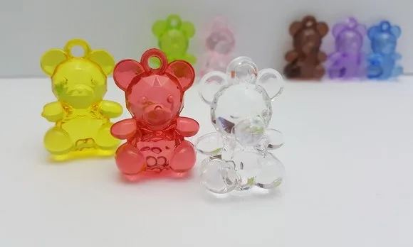 Ursinho Pingente Colorido de Acrílico 3,5cm Pct 7 Unidades