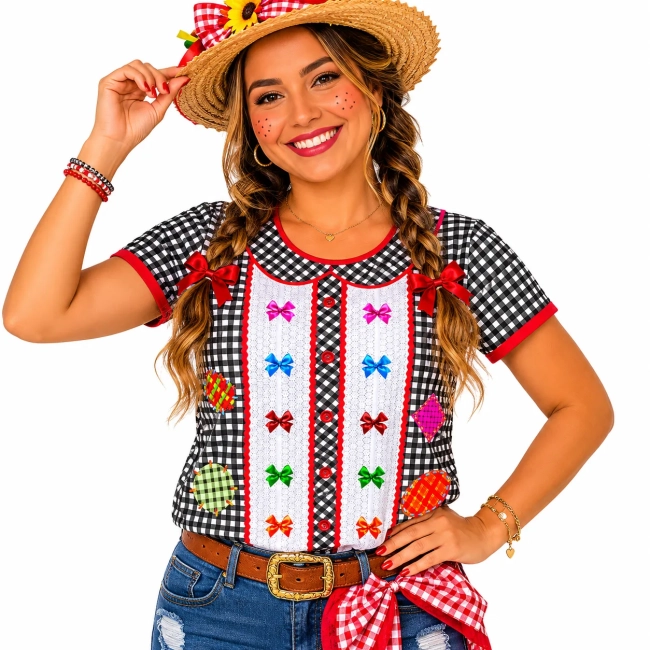 Blusa Adulto Fantasia Festa Junina Caipira Xadrez com Lacinhos e Remendos