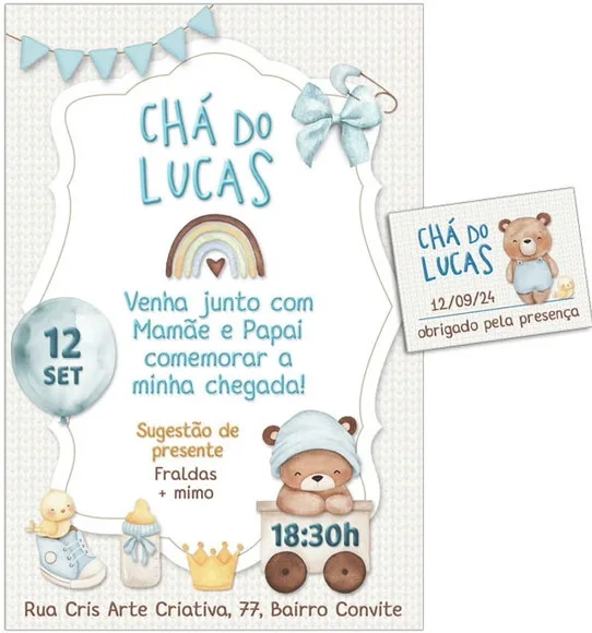 Convite Digital C/tag Chá de Bebê Menino Ursinho Fofo