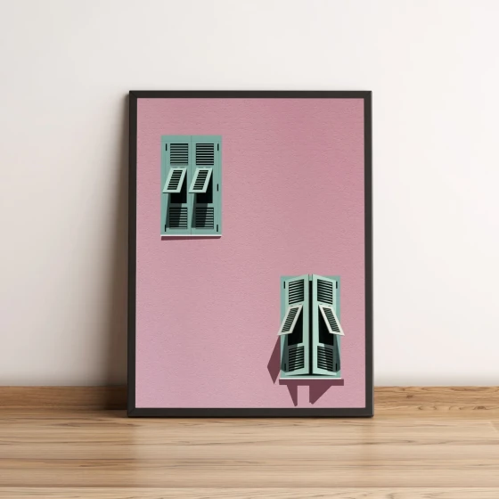 Quadro Fachada Rosa com Janelas Verdes Minimalista 2659