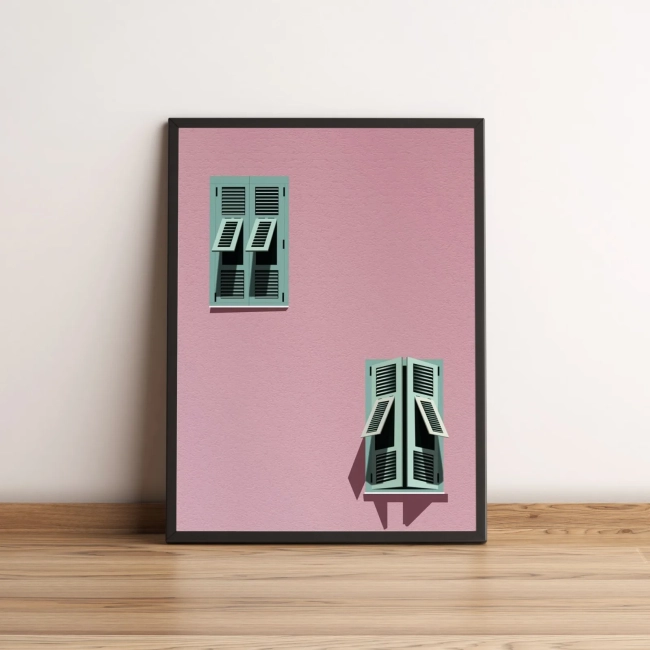 Quadro Fachada Rosa com Janelas Verdes Minimalista 2659