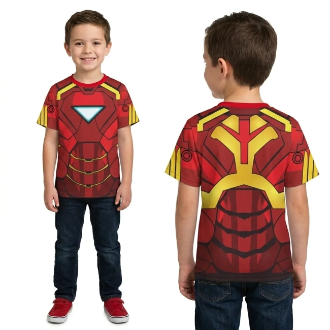Camiseta infantil Fantasia Super-Herói Armadura Vermelha e Dourada Estampa Realista