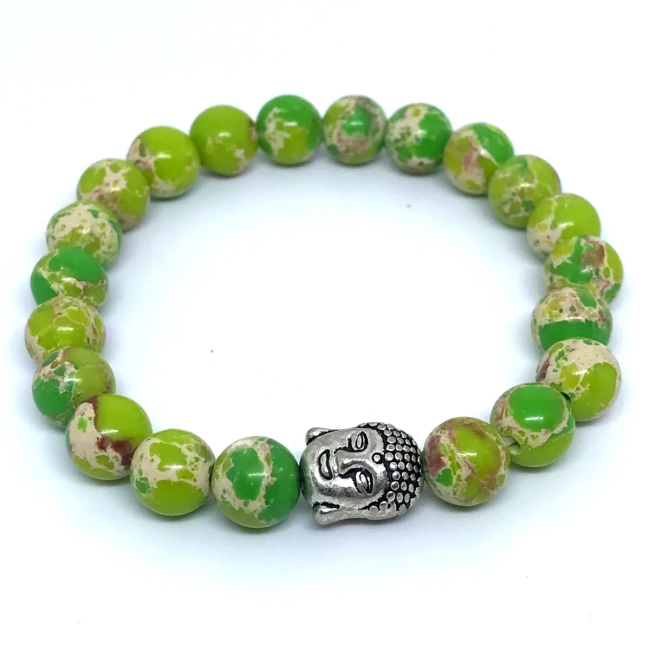 Pulseira em Pedras Jaspe Imperial Verde com entremeio Buda prateado