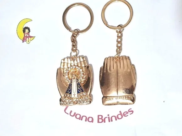 Chaveiro N.snr Aparecida Mãos Dourado C/strass Aço 2 Unidade
