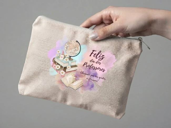 Lembrancinha Nécessaire Personalizada Algodão Cru 20x15 Estampa DTF Dia dos Professores Globo