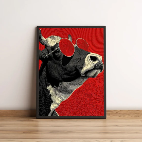 Quadro Vaca Estilosa com Óculos Vermelhos 2656
