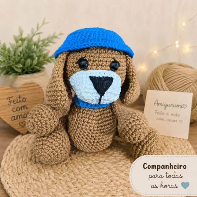 Cachorro amigurumi com coleira e chapéu