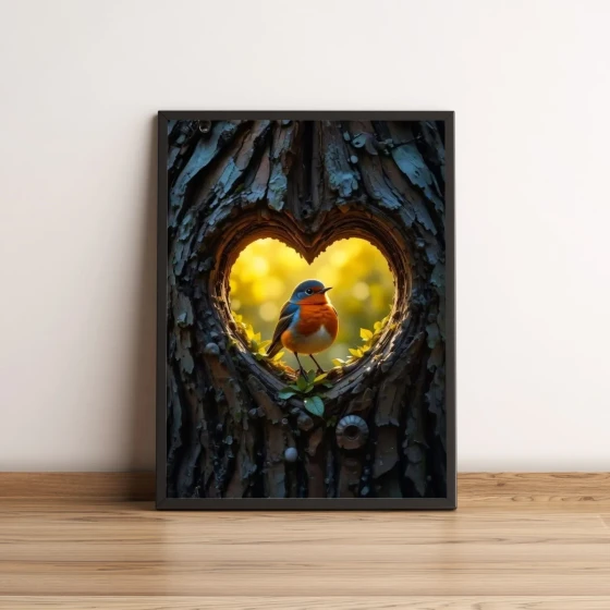Quadro com passarinho em tronco com coração 2643