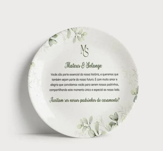 Convite Padrinhos de Casamento Prato Porcelana Folhagens
