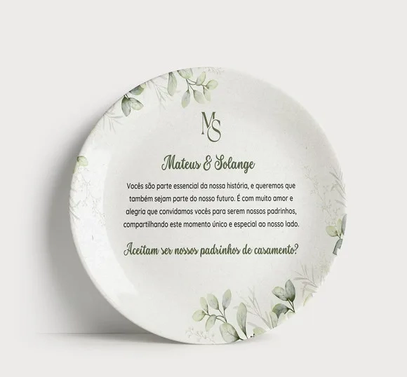 Convite Padrinhos de Casamento Prato Porcelana Folhagens