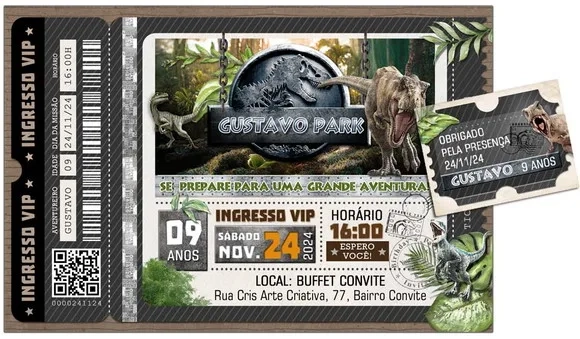 Convite Digital C/tag Ingresso Dinossauro Jurassic Park