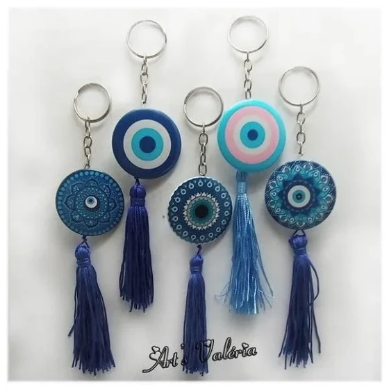 Chaveiro Bóton com Franja Olho Grego ou Mandala