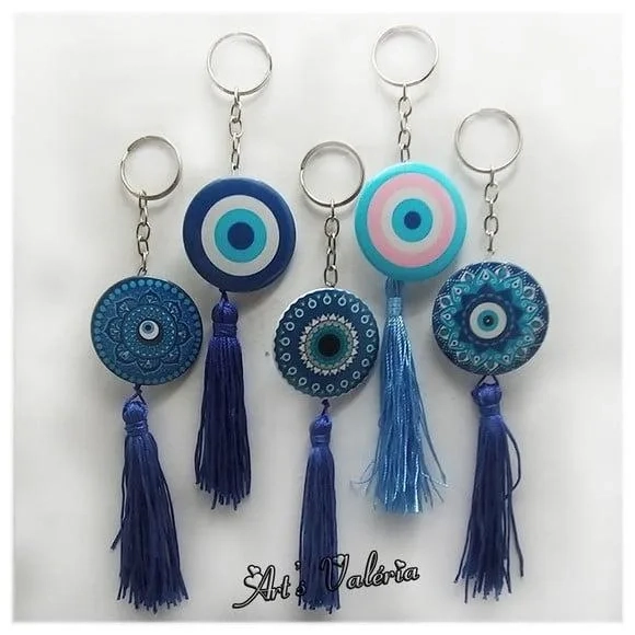 Chaveiro Bóton com Franja Olho Grego ou Mandala
