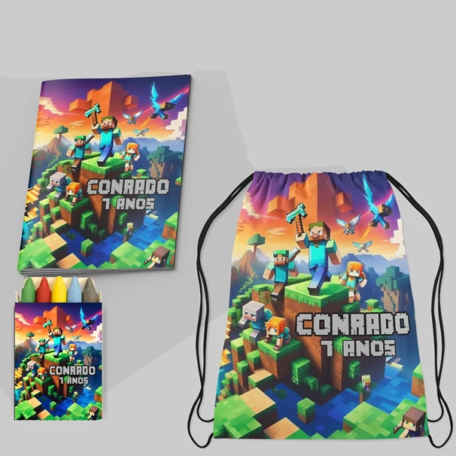 Kit Mochila e Revista de colorir para lembrancinha Minecraft