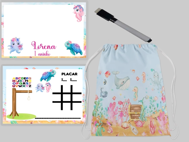 Kit Mochila e Lousa Magica para lembrancinhas Fundo do Mar