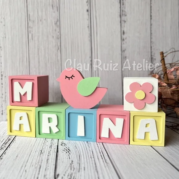 Decoração Bebê - Cubos 6x6cm Candy Ts + Passarinho