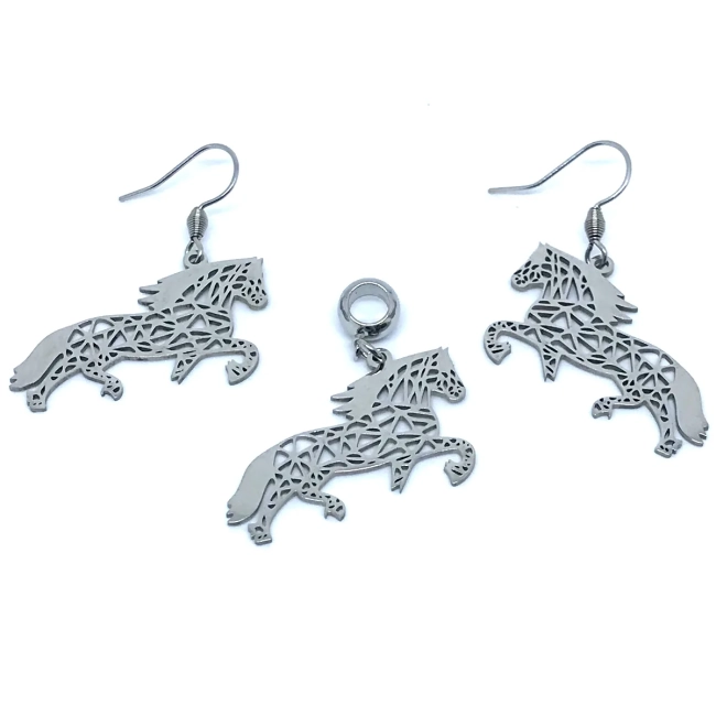 Conjunto Brincos E Pingente Country Cavalo Em Aço Inoxidável