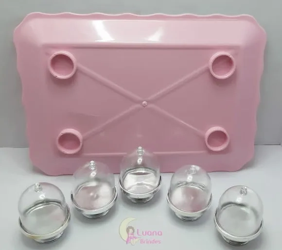 Kit Bandeja Rosa c/Mini Cúpulas Transparente de plástico.