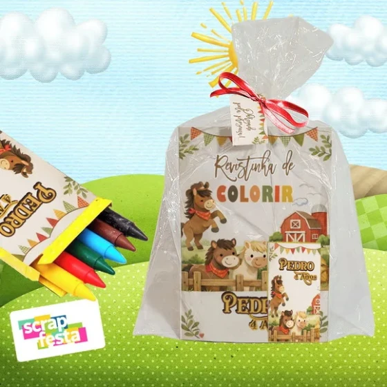 Revista Colorir+embalagem+giz Cera Festa Fazendinha Aquarela