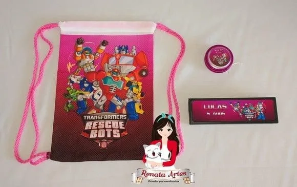 Mini Kit Jogos na Mochila Transformers Rescue Bots Rosa