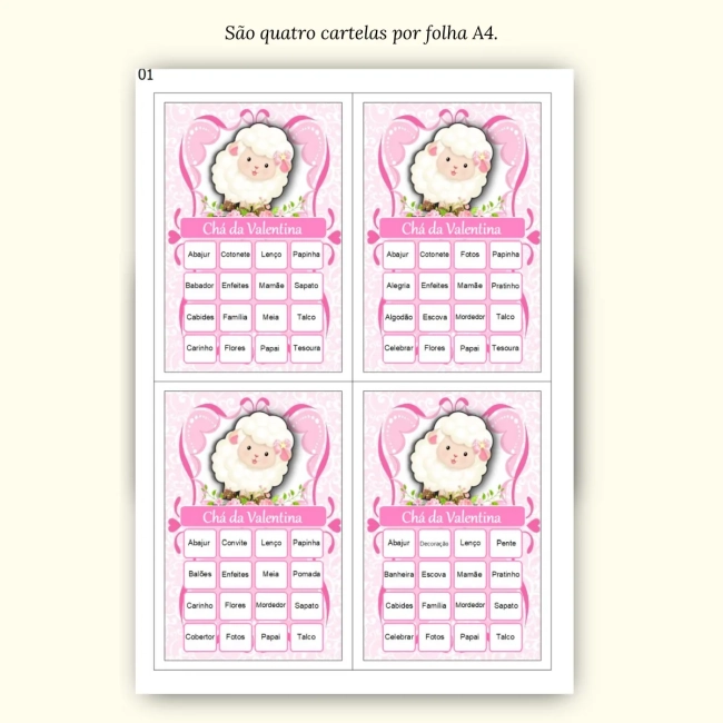 Bingo Chá de Bebê Menina Pdf Para Imprimir
