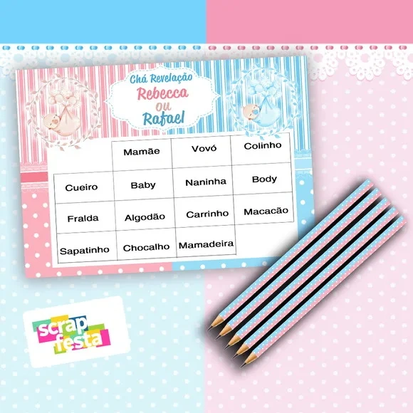 Kit Bingo + Lápis Festa Chá Revelação Baby Bingo
