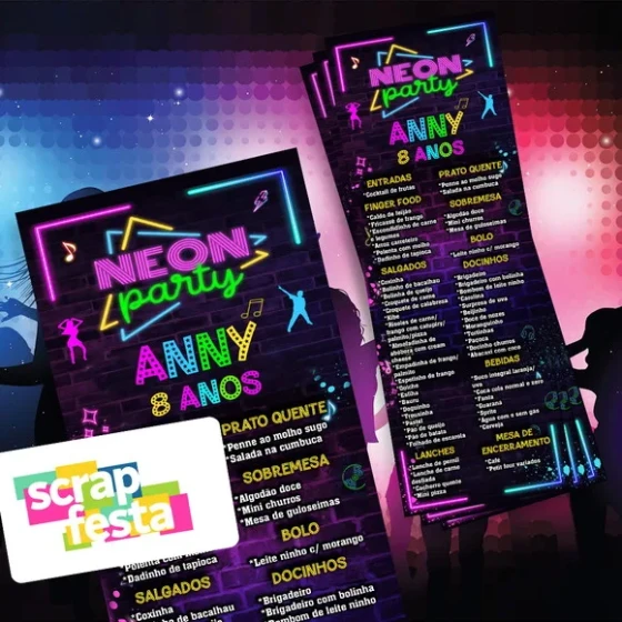 Menu Cardápio Personalizado Festa Balada Neon