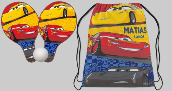 Kit Mochila e Raquete ping pong personalizada dos Carros Disney