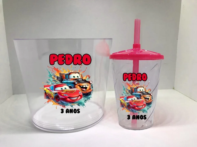 Kit Balde de Pipoca acrilico + Copo twister Personalizado dos Carros Disney