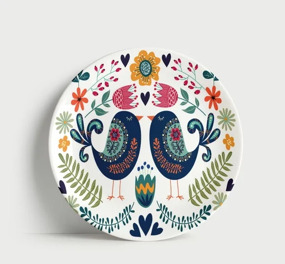 Prato Decorativo Casal de Pássaros Folk - Porcelana 21cm