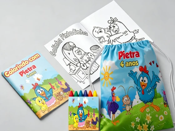 Kit Mochila e Revista de colorir para lembrancinha da Galinha Pintadinha