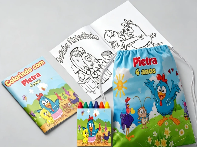 Kit Mochila e Revista de colorir para lembrancinha da Galinha Pintadinha
