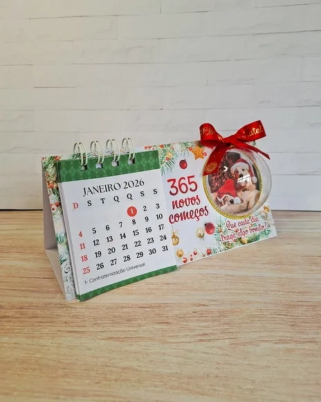 Calendário de Mesa 2026 com Foto em Bola Acrílica - 3 Unid.