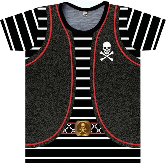 Camiseta Infantil Fantasia Pirata com Colete de Couro e Caveira
