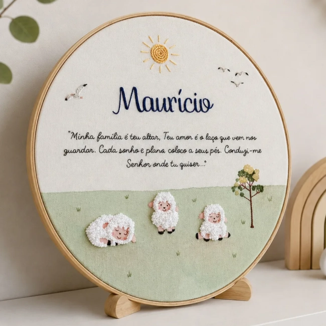 Porta Maternidade Ovelhinhas com Nome e Frase | Bordado à Mão e Aquarela