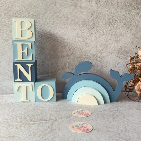 Baleia + Cubos 6x6cm Ts Decoração Bebê Fundo do Mar