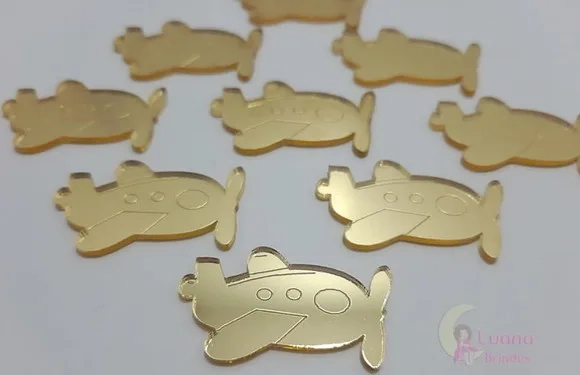 Aplique Avião Acrílico Espelhado Dourado -pct c/7 unid