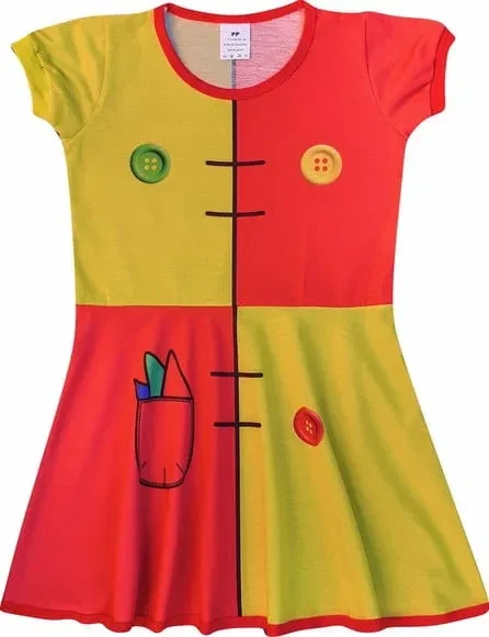 Vestido Infantil Fantasia Boneca de Pano Amarelo e Vermelho com Botões