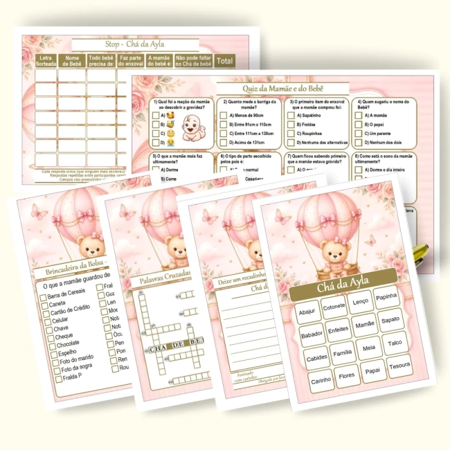 Kit 4 Brincadeiras Chá de Brincadeiras para Imprimir PDF Personalizado