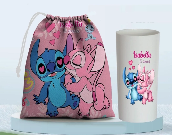 Kit Saquinho Surpresa e Copo Long Drink Personalizado do Sticth
