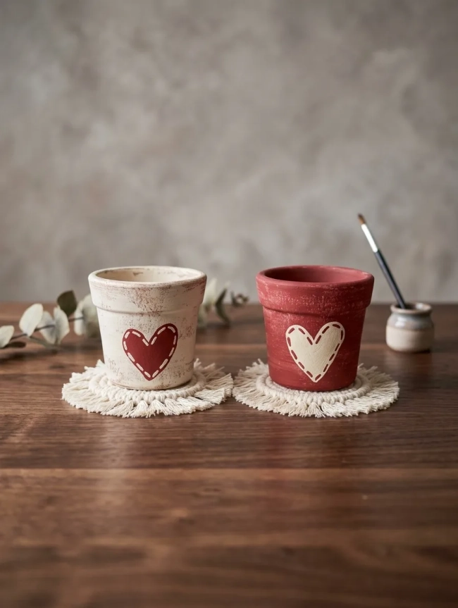 Kit 2 Mini Vasos Cachepô de Barro Coração Rústico 7cm