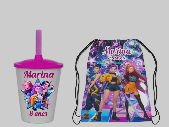 Kit Mochila e Copo Twister Personalizado lembrancinhas das Guerreiras K-Pop