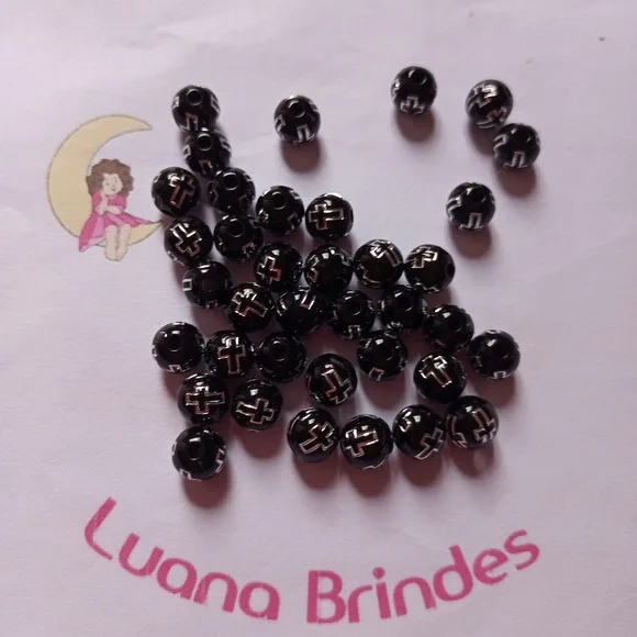 Bolinha Preta com Cruz Prata 8mm Pct 100 Unidades